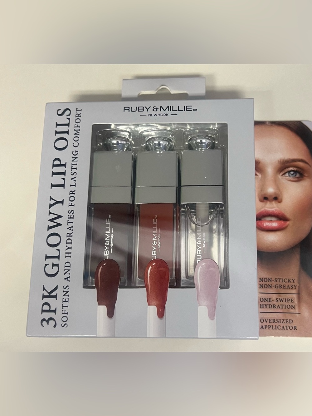 Ruby & Millie New York 3 pk Glowy Lip Oil: Mahogany/ Rosewood/ Clear.